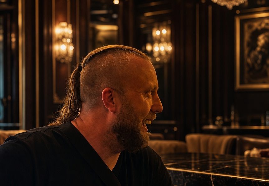 Stewart in a luxury interior
